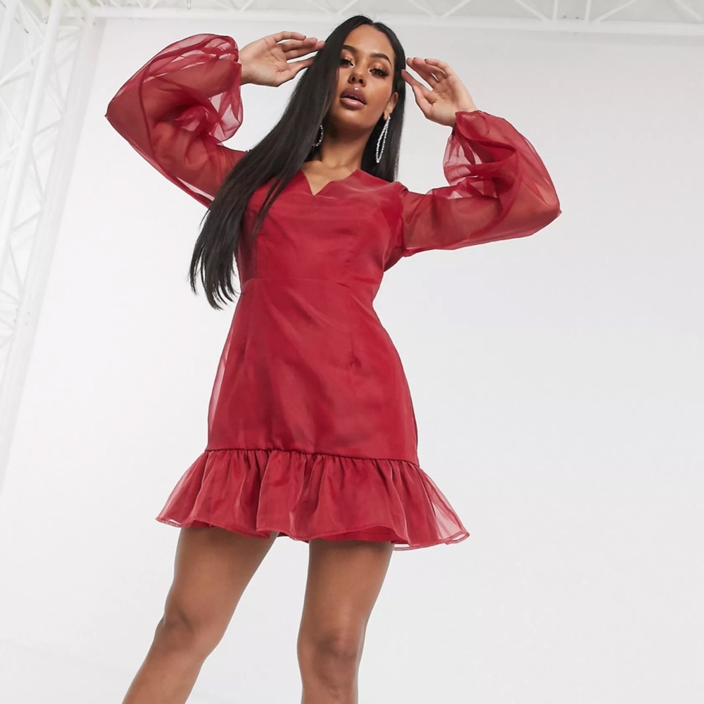 Missguided Red Mini Dress Puff Sleeves